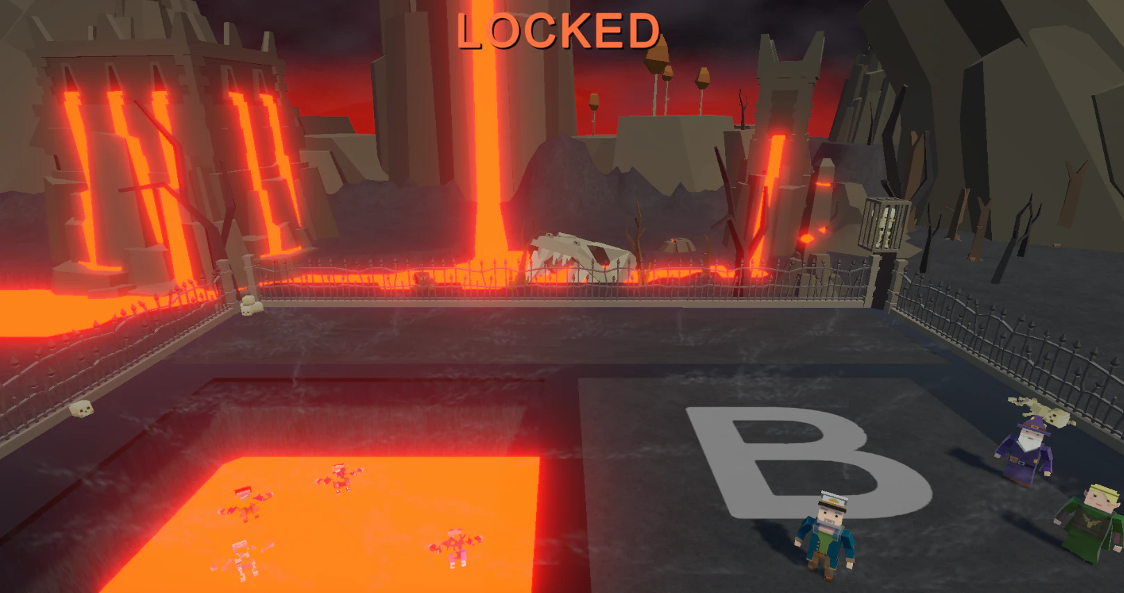 Contestants playing in the Floor Drop Volcano arena